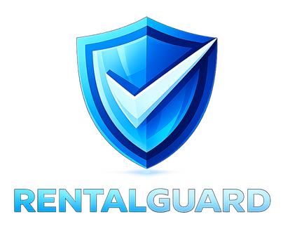 RentalGuard Logo — Modern Blue Shield with Checkmark RentalGuard logo featuring a modern blue shield with a white checkmark and bold uppercase text 'RENTALGUARD' below, designed to stand out on dark backgrounds.